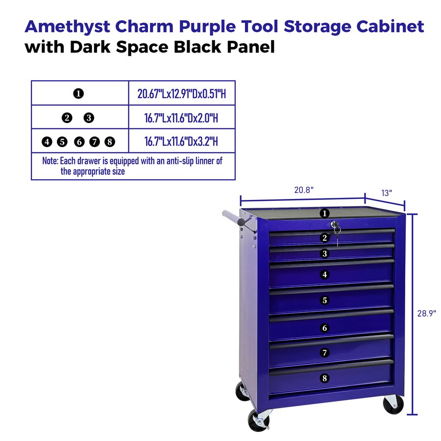 Rolling Metal Tool Chest with 7 Drawers - 20" Steel Cabinet - Purple