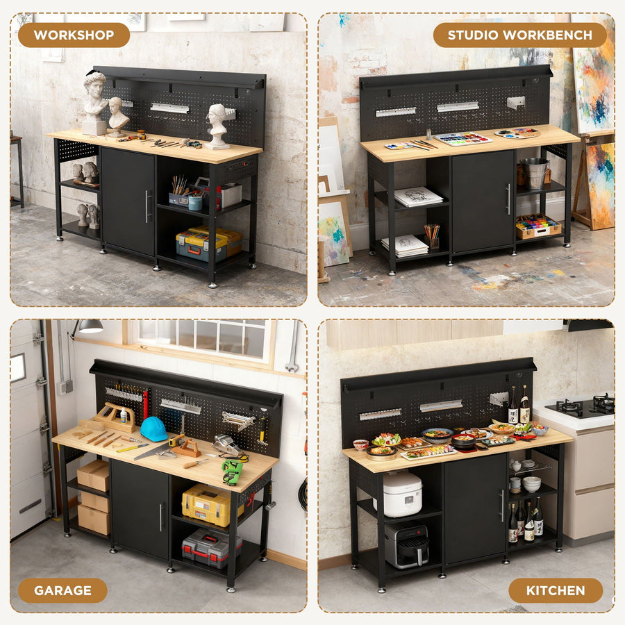 Workbench with Storage Cabinet and Pegboard with Power Outlet - Black