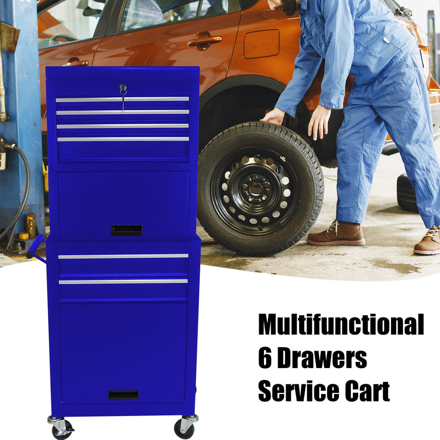 6 Drawer Lockable Tool Cabinet with Detachable Toolbox - Black, Red, or Blue