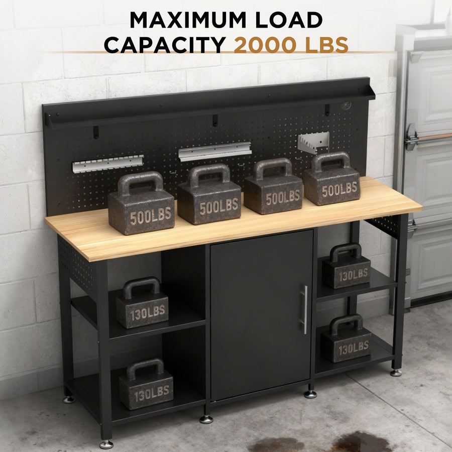 Workbench with Storage Cabinet and Pegboard with Power Outlet - Black