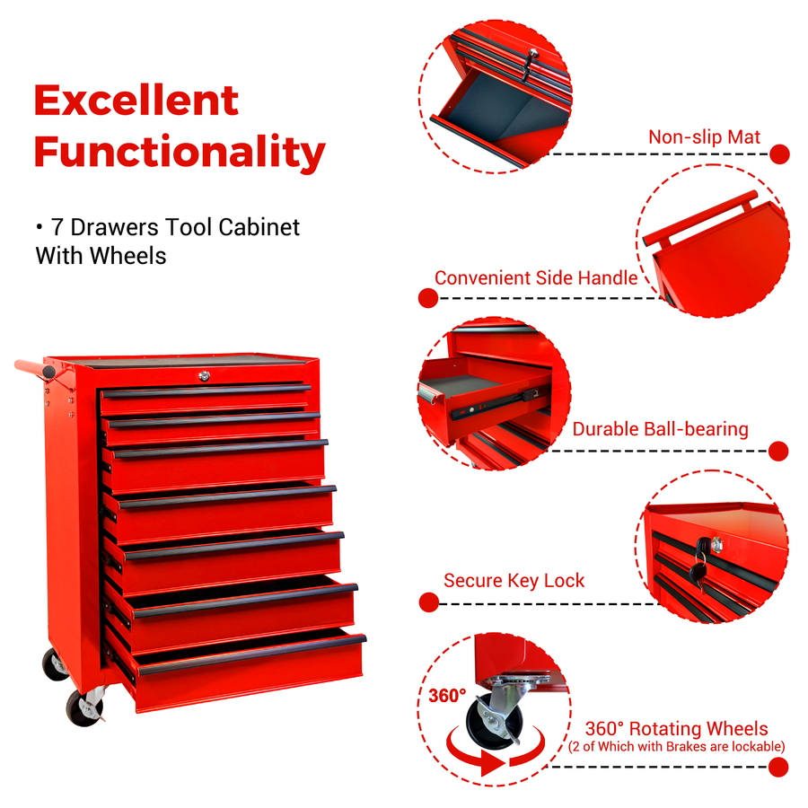 Rolling Metal Tool Chest with 7 Drawers – 20" Steel Cabinet - Red