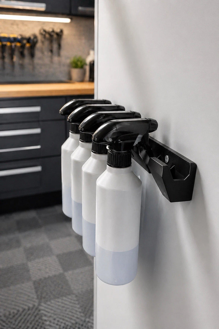 Black 4-slot spray bottle holder wall mount rack for garage detailing organization