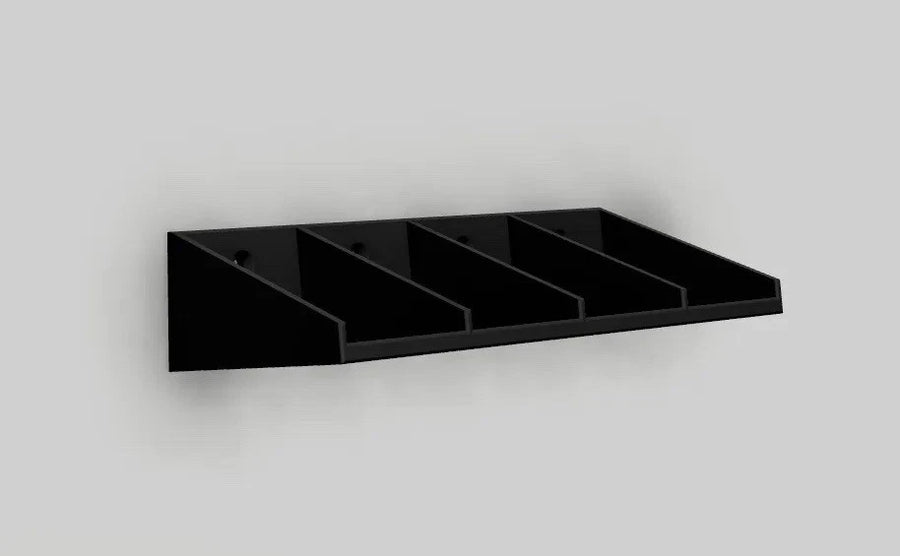 Black four-slot wall mount tape measure holder for garage and workshop storage