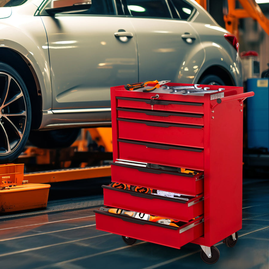 7-Drawer Rolling Tool Chest Cabinet with Locking Wheels - Red