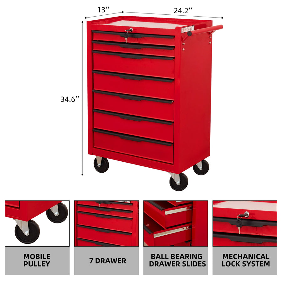 7-Drawer Rolling Tool Chest Cabinet with Locking Wheels - Red
