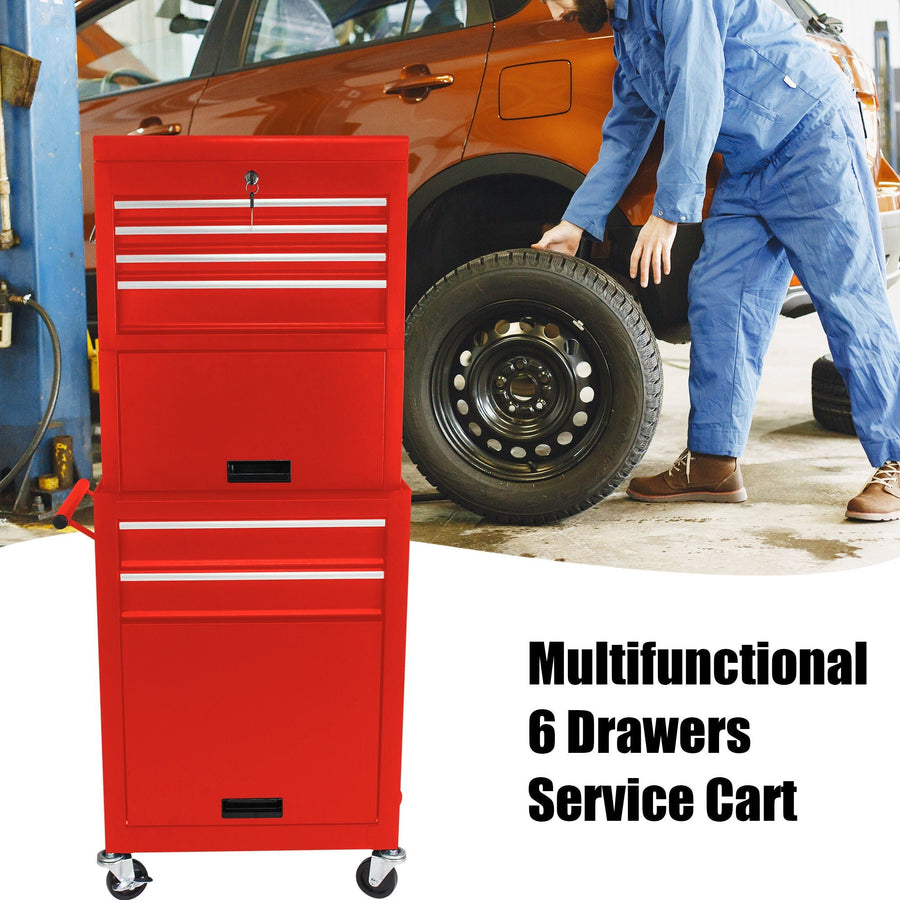 6 Drawer Lockable Tool Cabinet with Detachable Toolbox - Black, Red, or Blue