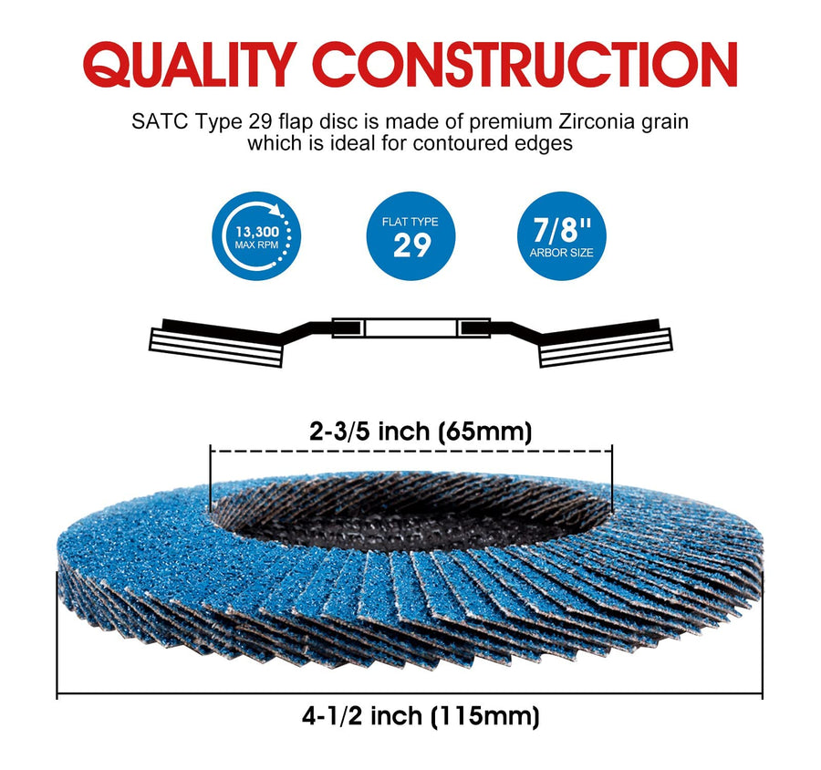 S SATC Flap Discs 4-1/2 in, 40 Grit Zirconia, Type 29, 10 Pack
