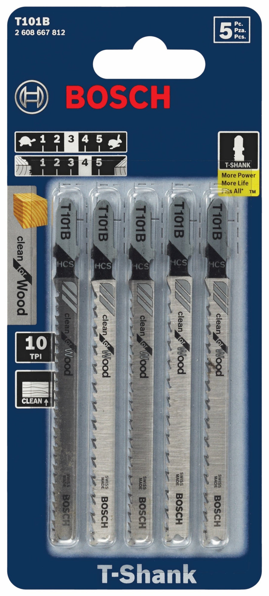 BOSCH T101B 5 pc. 4 In. 10 TPI Variable Pitch Clean for Wood T-Shank Jig Saw Blades