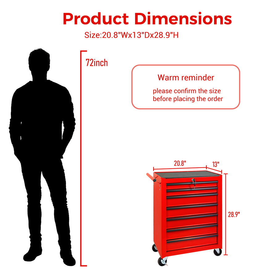 Rolling Metal Tool Chest with 7 Drawers – 20" Steel Cabinet - Red