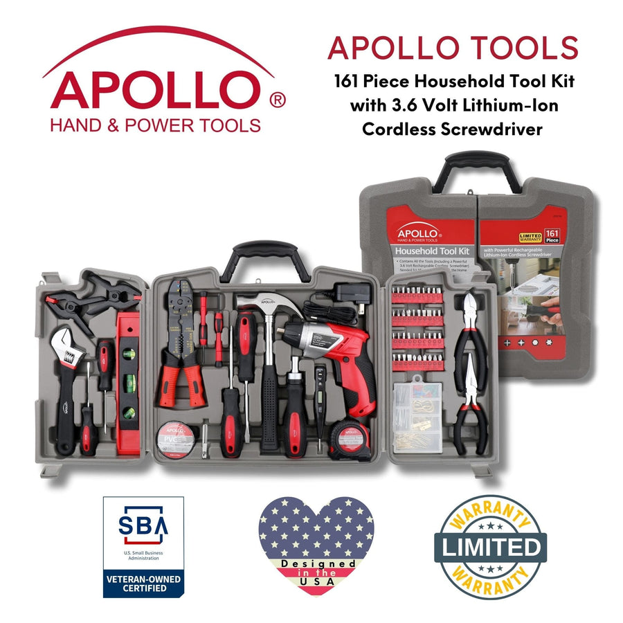 Apollo DT0739 161-Piece Home Tool Kit with 3.6V Cordless Screwdriver