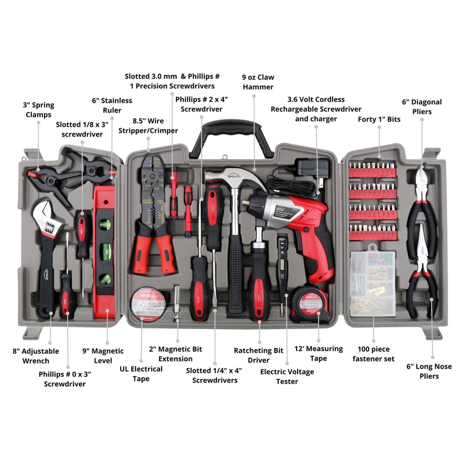 Apollo DT0739 161-Piece Home Tool Kit with 3.6V Cordless Screwdriver