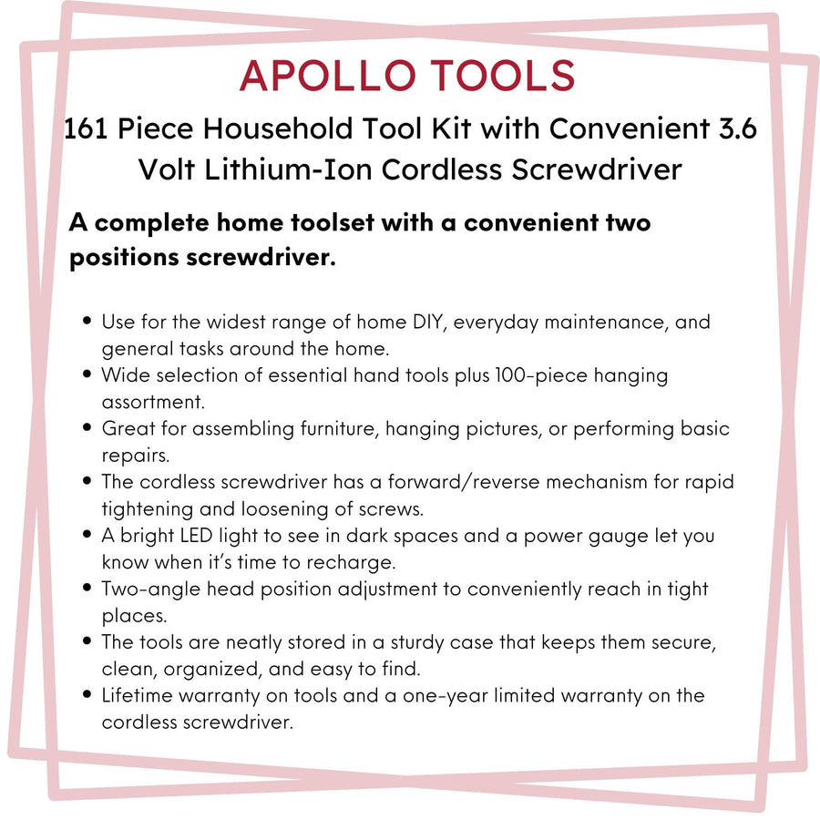 Apollo DT0739 161-Piece Home Tool Kit with 3.6V Cordless Screwdriver