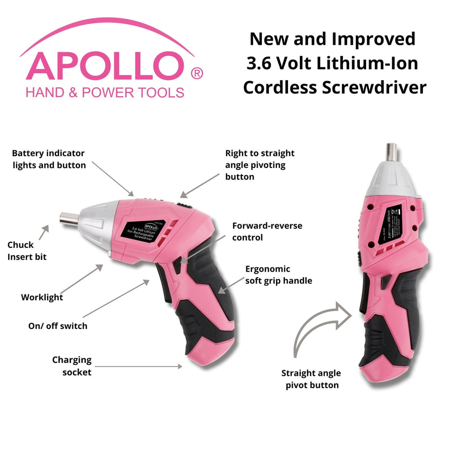 New and Improved 135 Piece Pink Household Tool Set with Pivoting Dual-Angle 3.6 Volt Lithium-Ion Cordless Screwdriver in Hard Case - DT0774P