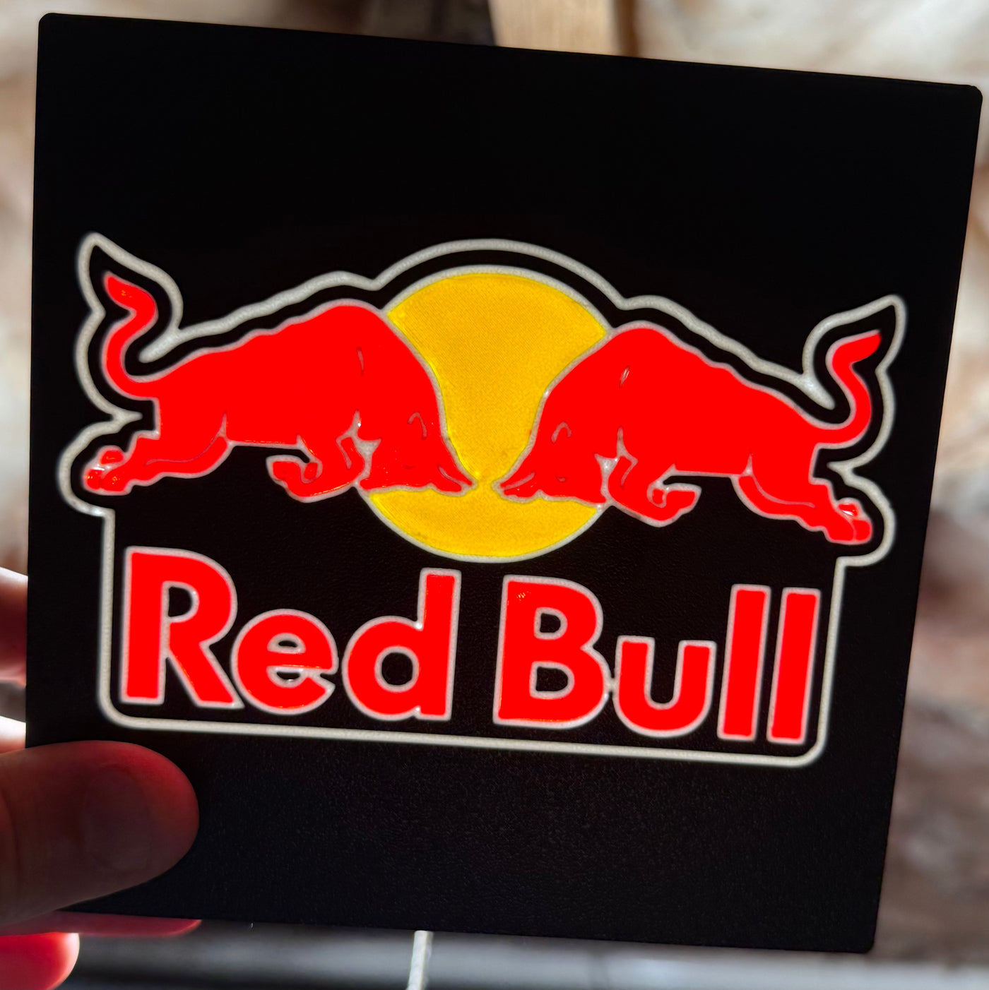 Custom Red Bull LED Light Sign – 3D Printed Garage Plate (5x5”)