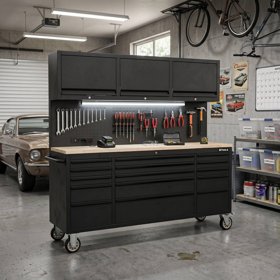 72 inch Rolling Tool Chest with Light & Power Strips, Workbench, Upper Cabinets & Pegboard