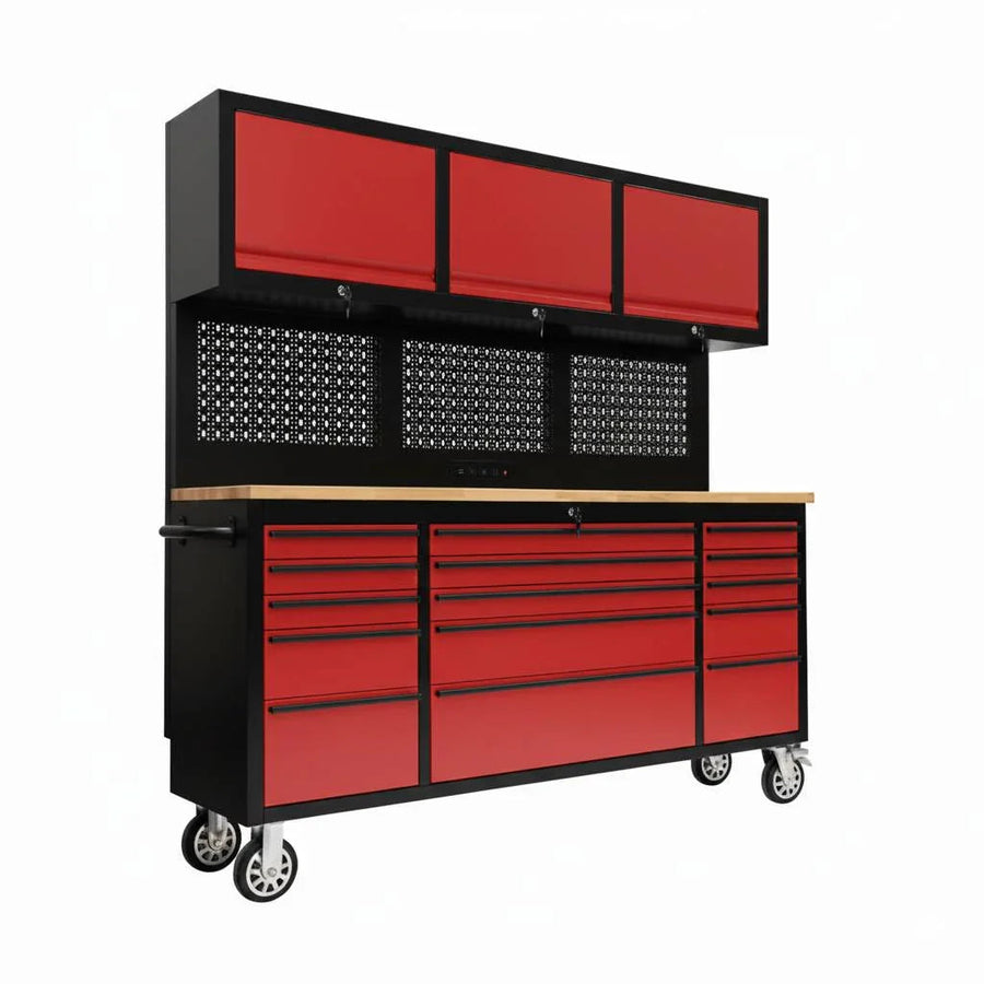 72 inch Rolling Tool Chest with Light & Power Strips, Workbench, Upper Cabinets & Pegboard