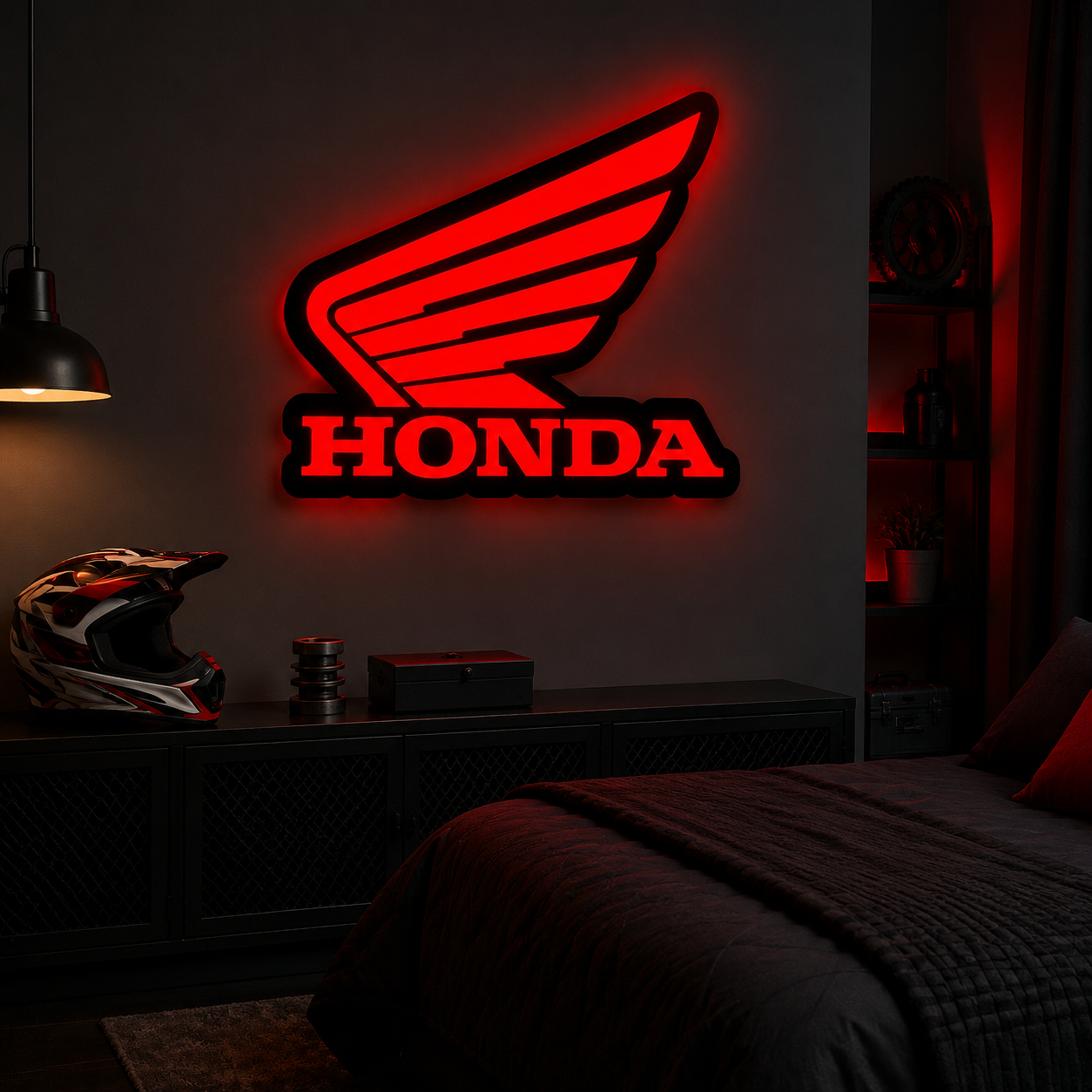 Honda LED Wall Light – Red Motorcycle Garage & Man Cave Sign