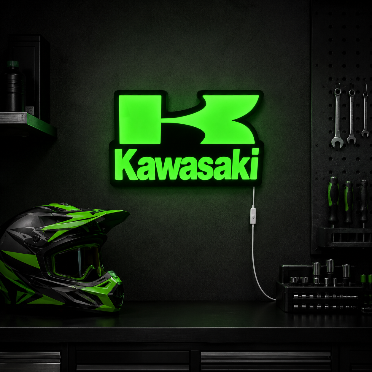 Kawasaki LED Wall Light – Green Motorcycle Garage & Man Cave Sign