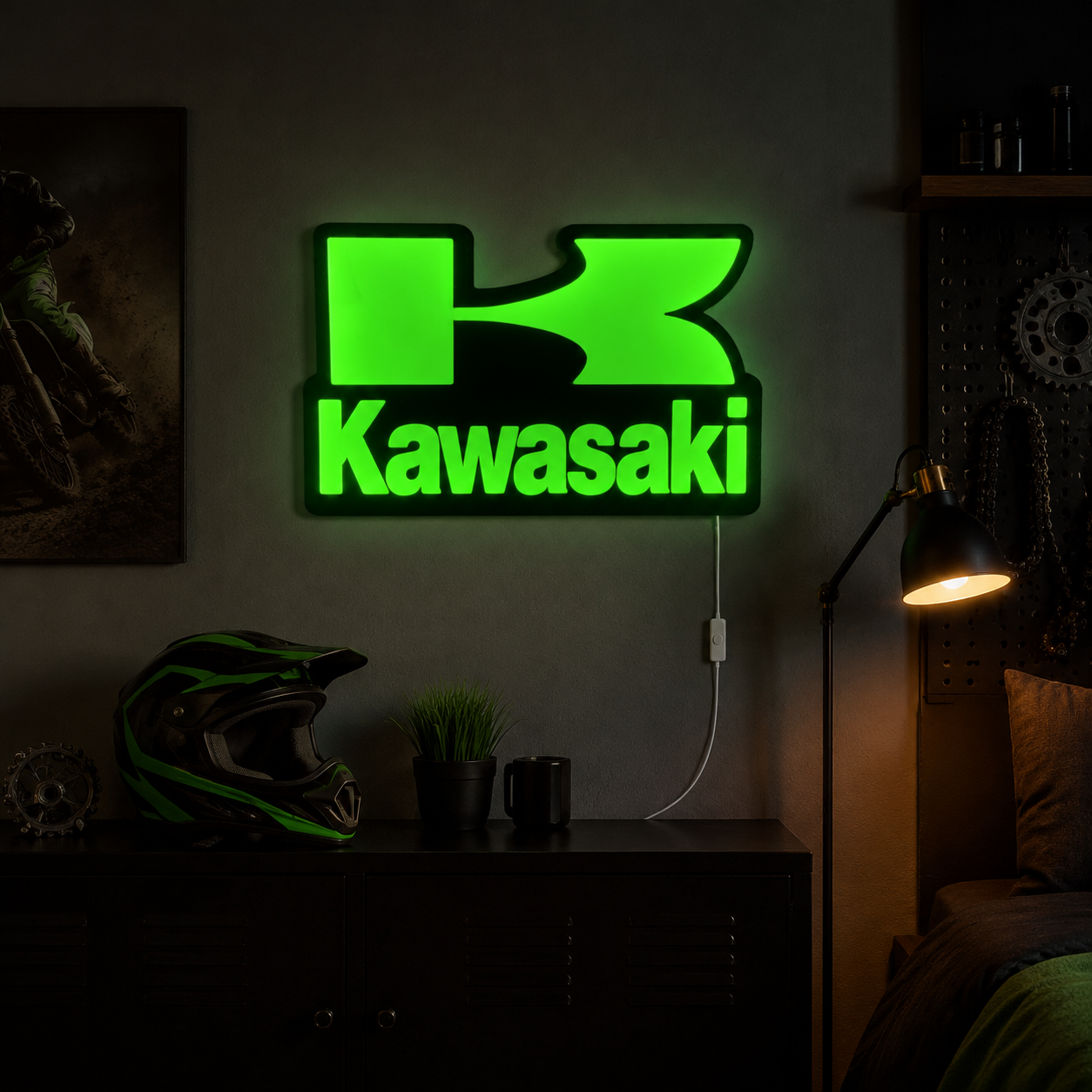 Kawasaki LED Wall Light – Green Motorcycle Garage & Man Cave Sign