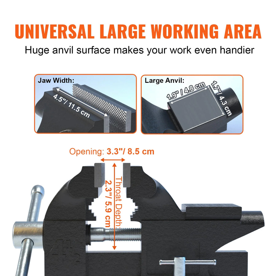 Cast Iron Bench Vise, 4.5"/6"/6.5" — Swivel Base with Anvil