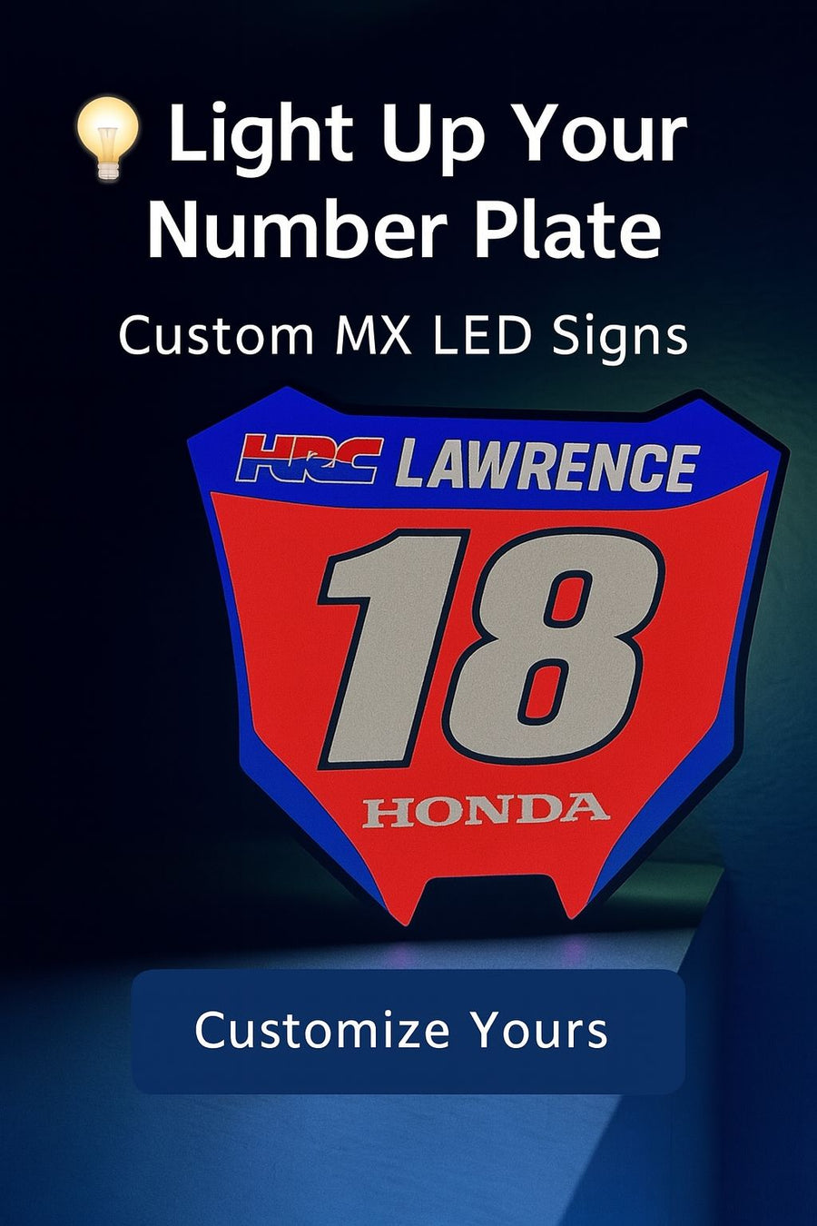 Custom motocross LED number plate glowing wall display for garage and bedroom