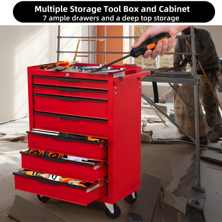 7-Drawer Rolling Tool Chest Cabinet with Locking Wheels - Red