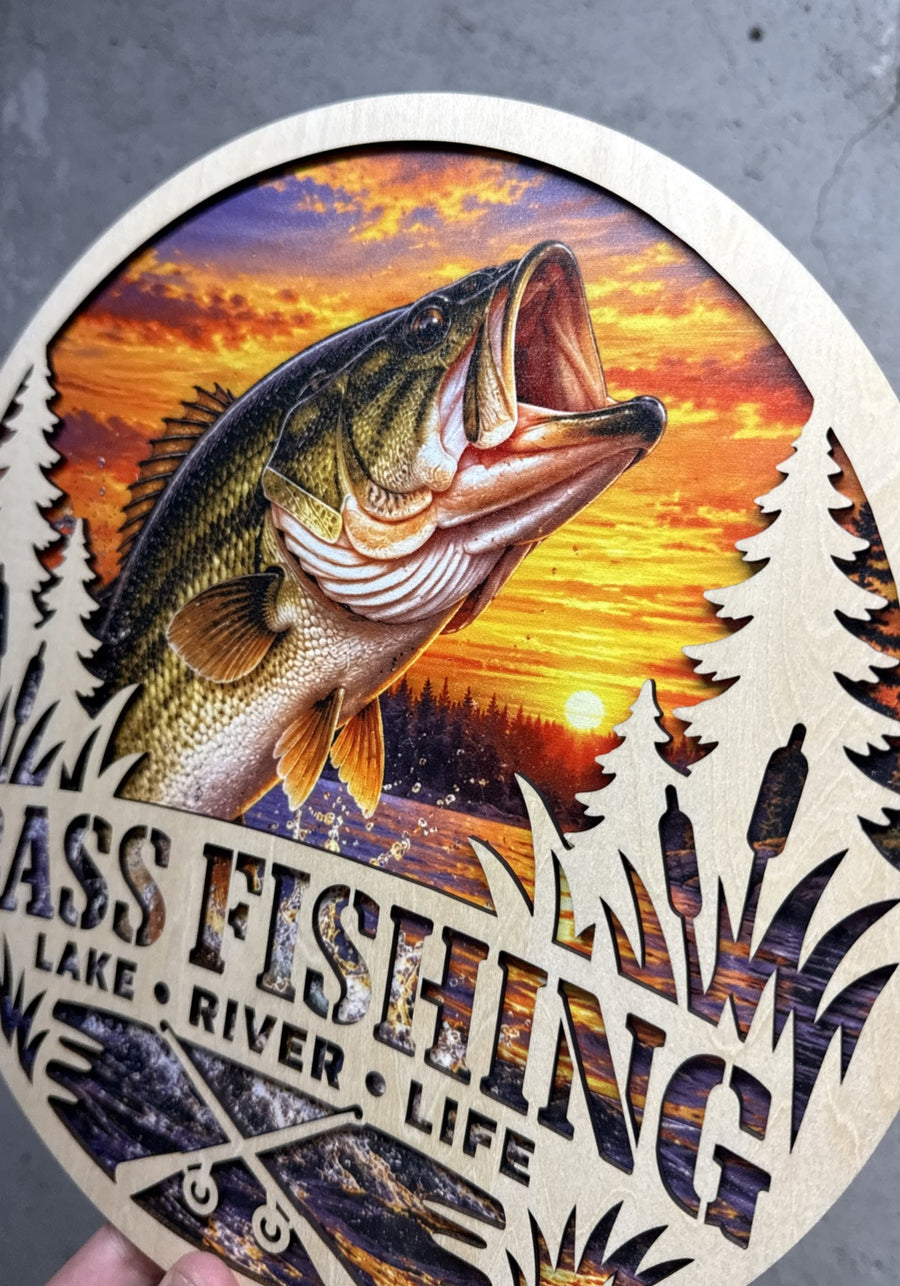 Layered bass fishing wall decor angled view showing dimensional laser cut wood design