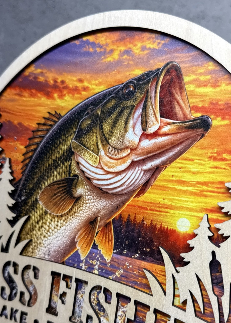 Close detail of largemouth bass UV printed artwork and laser cut bass fishing wood sign