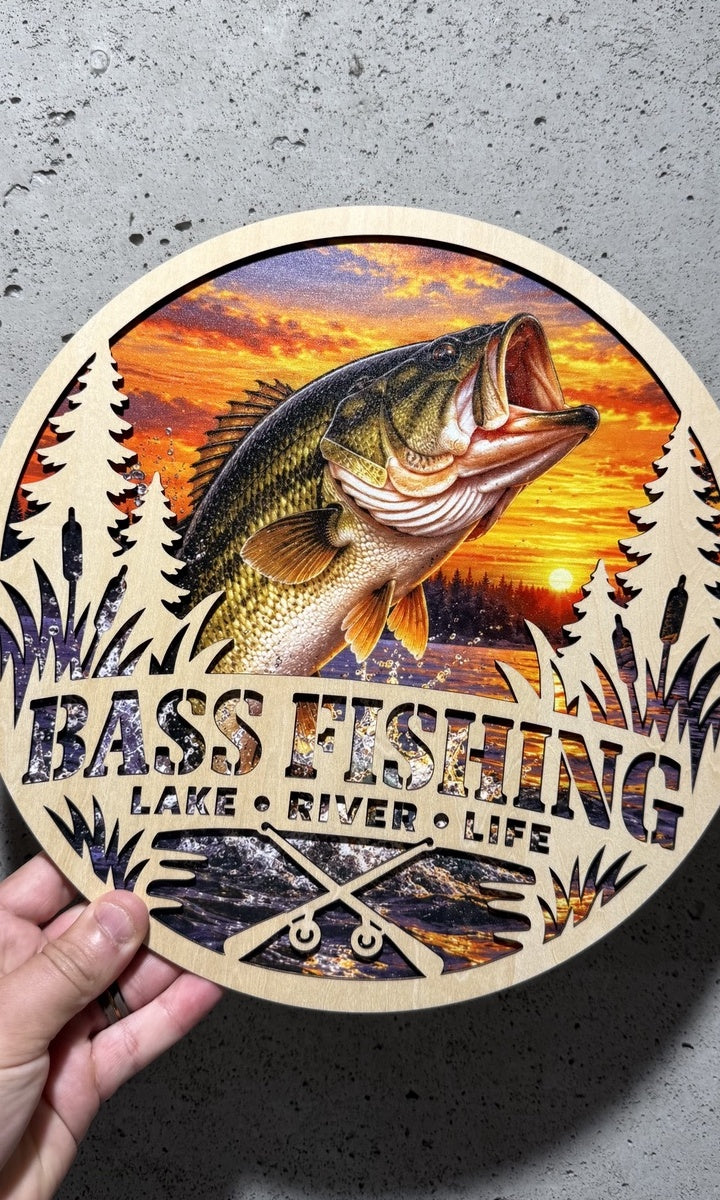 11 inch bass fishing layered wood wall sign with UV printed sunset lake artwork