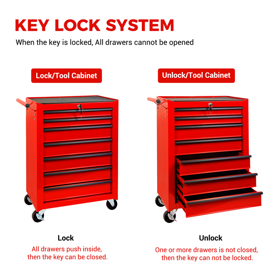 Rolling Metal Tool Chest with 7 Drawers – 20" Steel Cabinet - Red