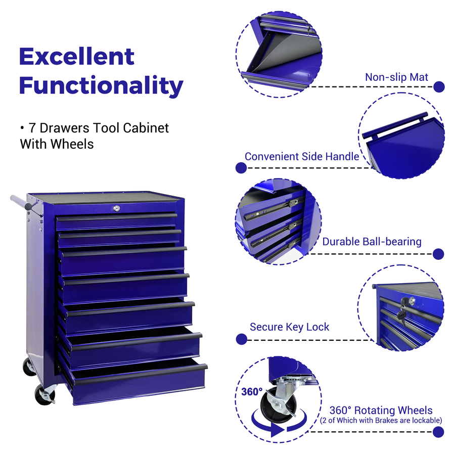 Rolling Metal Tool Chest with 7 Drawers - 20" Steel Cabinet - Purple
