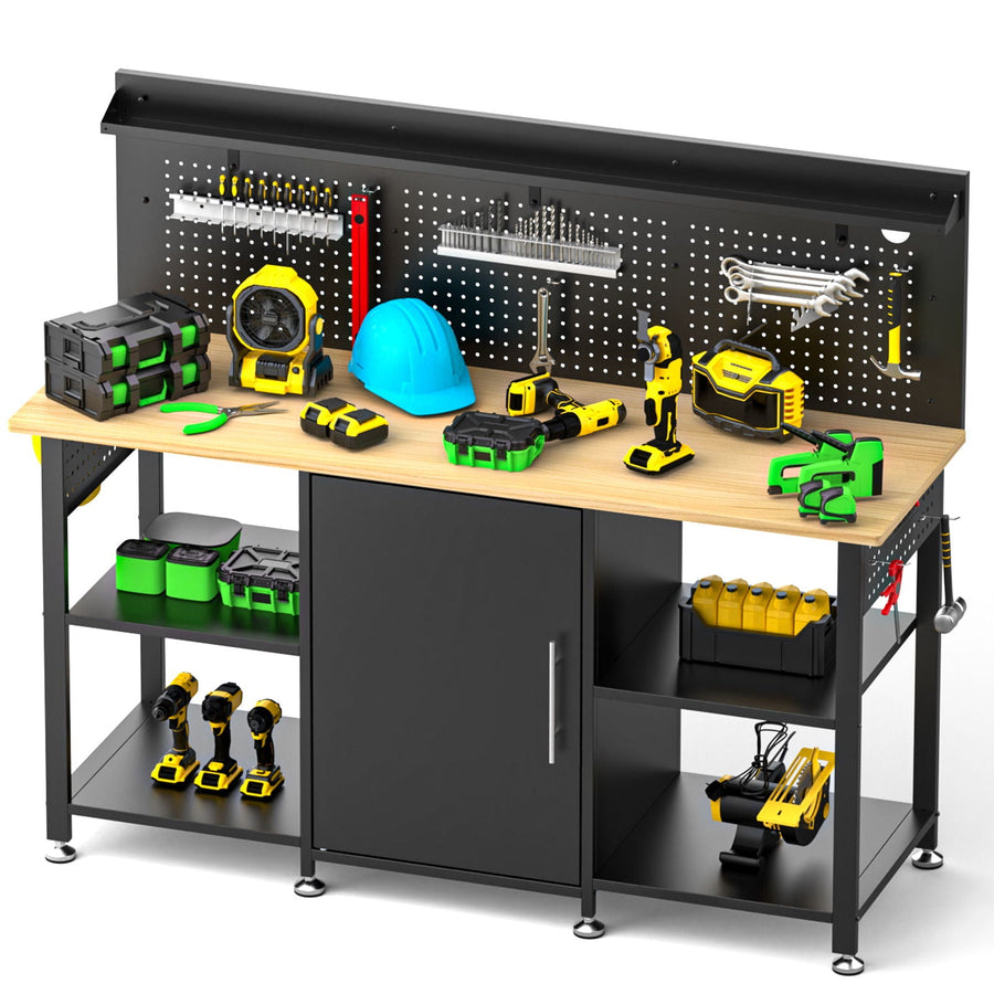 Workbench with Storage Cabinet and Pegboard with Power Outlet - Black