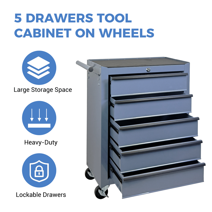 Rolling Metal Tool Chest with 5 Drawers - Steel Storage Cabinet