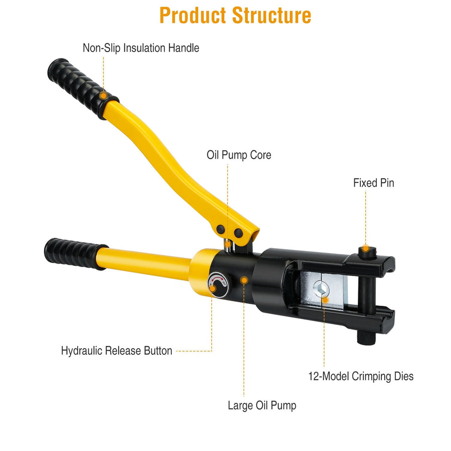 12 Ton Hydraulic Wire Crimper Professional Terminal Crimping Pliers Battery Cable Lug Crimping Tool Set W/ 12 Dies