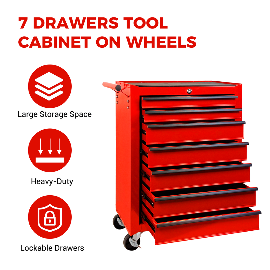 Rolling Metal Tool Chest with 7 Drawers – 20" Steel Cabinet - Red