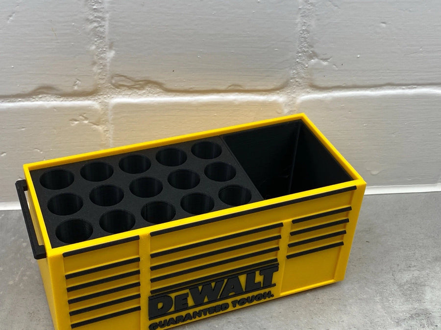 Tool chest style desktop pen holder shown from alternate angle