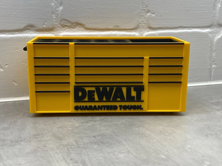 Yellow and black tool box style pen holder desk organizer for garage and mechanic office decor