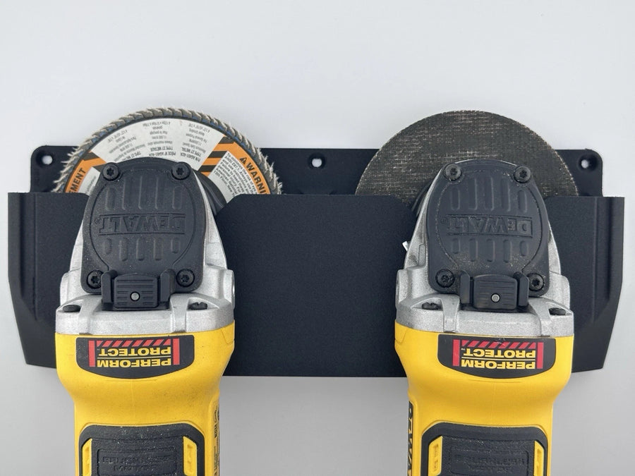 Double angle grinder wall mount holder for garage tool organization