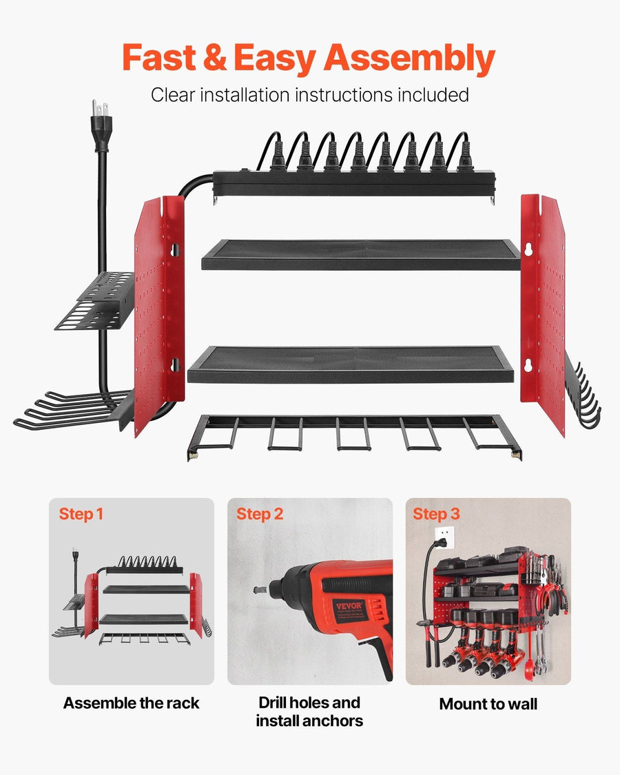 VEVOR Power Tool Organizer with Charging Station – 3-Tier Wall Rack, 4 Drill Slots, 8 Outlets