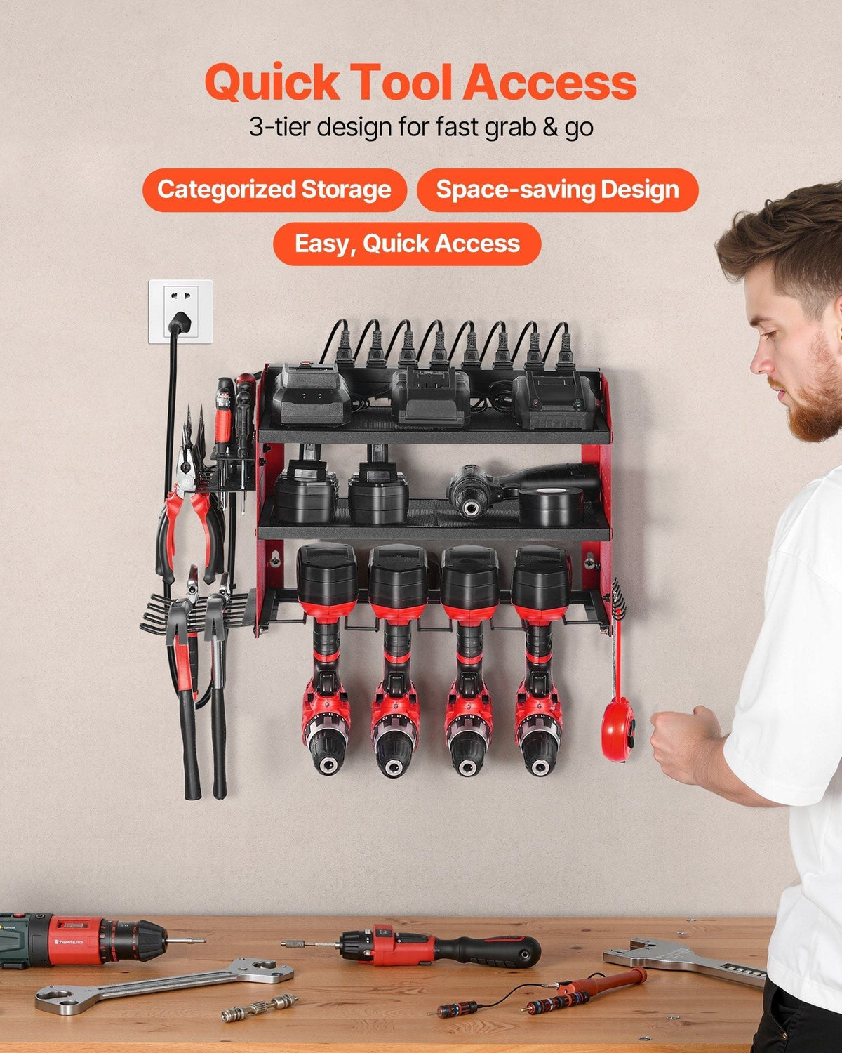 VEVOR Power Tool Organizer with Charging Station – 3-Tier Wall Rack, 4 Drill Slots, 8 Outlets