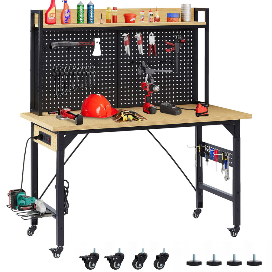 48''Adjustable Workbench with pegboard Heavy Duty Wooden Desktop with Wheels