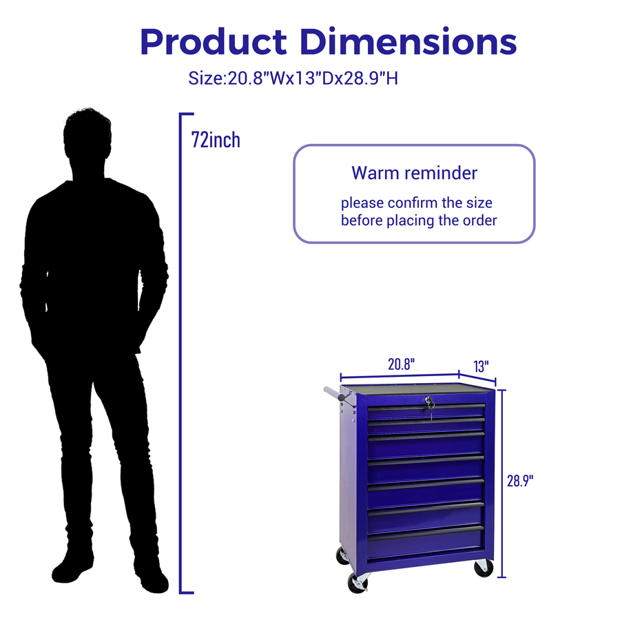 Rolling Metal Tool Chest with 7 Drawers - 20" Steel Cabinet - Purple