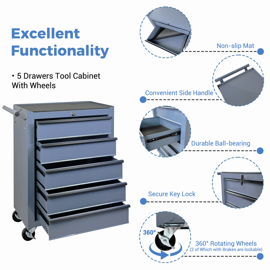 Rolling Metal Tool Chest with 5 Drawers - Steel Storage Cabinet