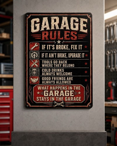 Garage Rules 7x10 metal sign with black, red and cream vintage workshop design