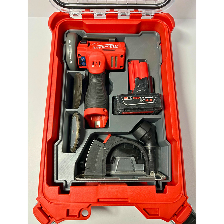 M12 cut-off tool organizer insert shown loaded in compatible PACKOUT case; tools and case not included
