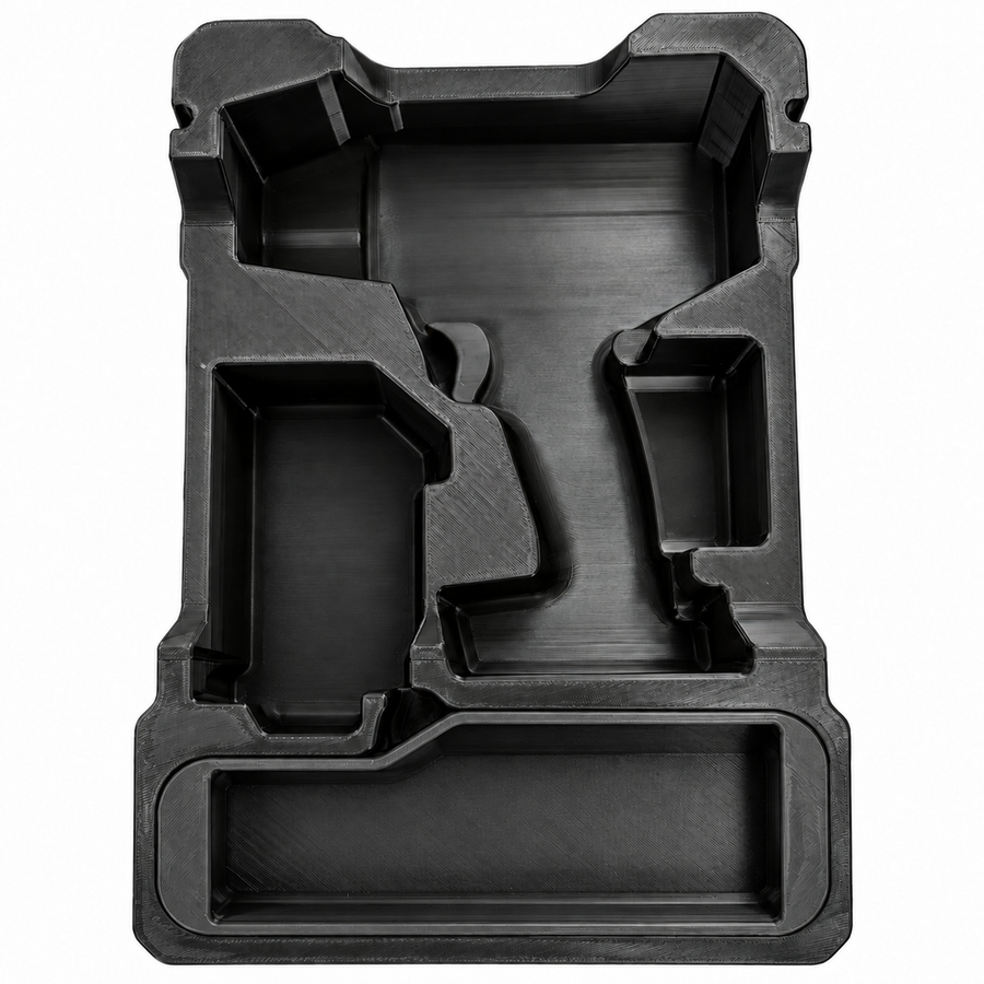 Overhead view of empty black heat gun organizer insert and black accessory tray