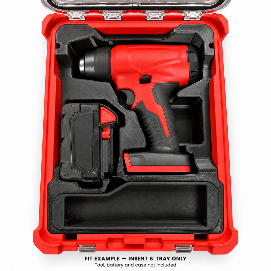 Fit example of unbranded heat gun and battery in black organizer insert, tool battery and case not included