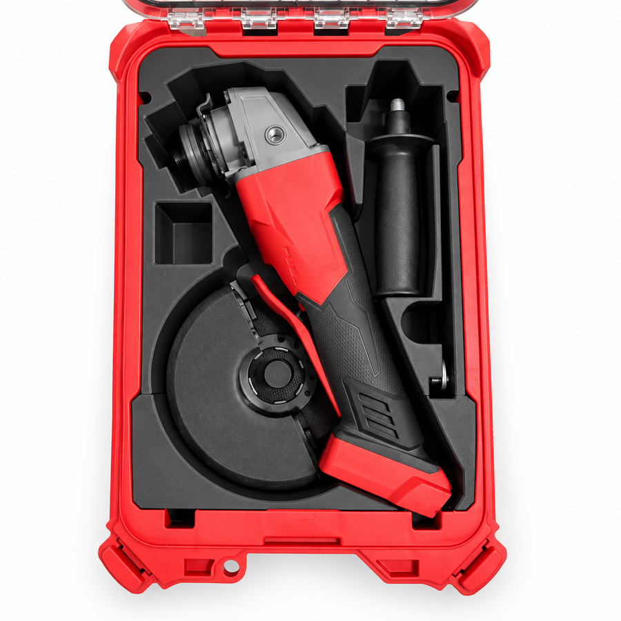 Grinder organizer insert shown loaded in compatible red modular tool case; tools not included