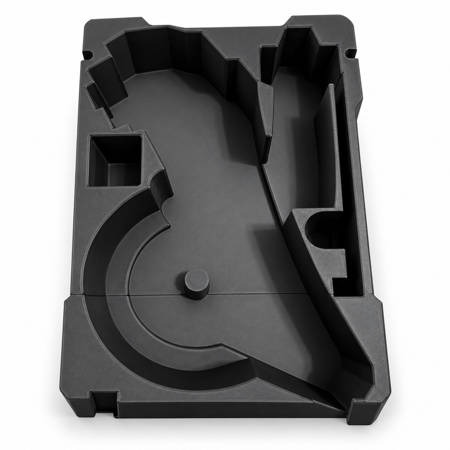 Black 3D printed grinder organizer insert for compact modular tool case
