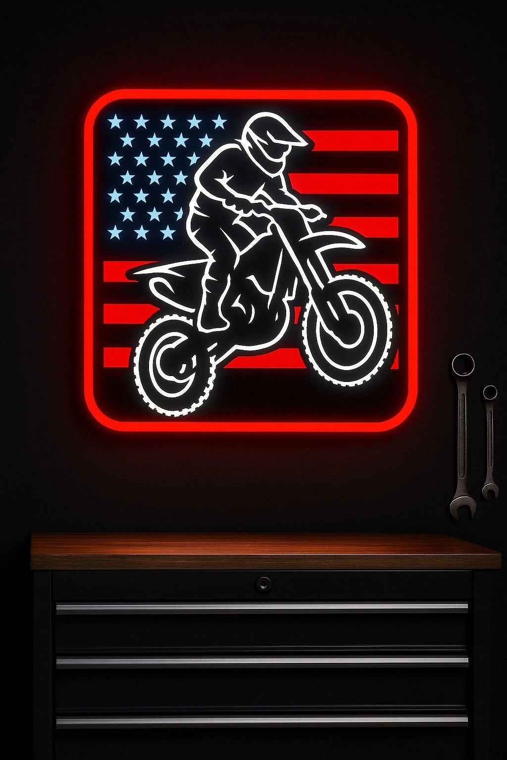Motocross American flag 9 inch LED garage sign with dirt bike rider silhouette